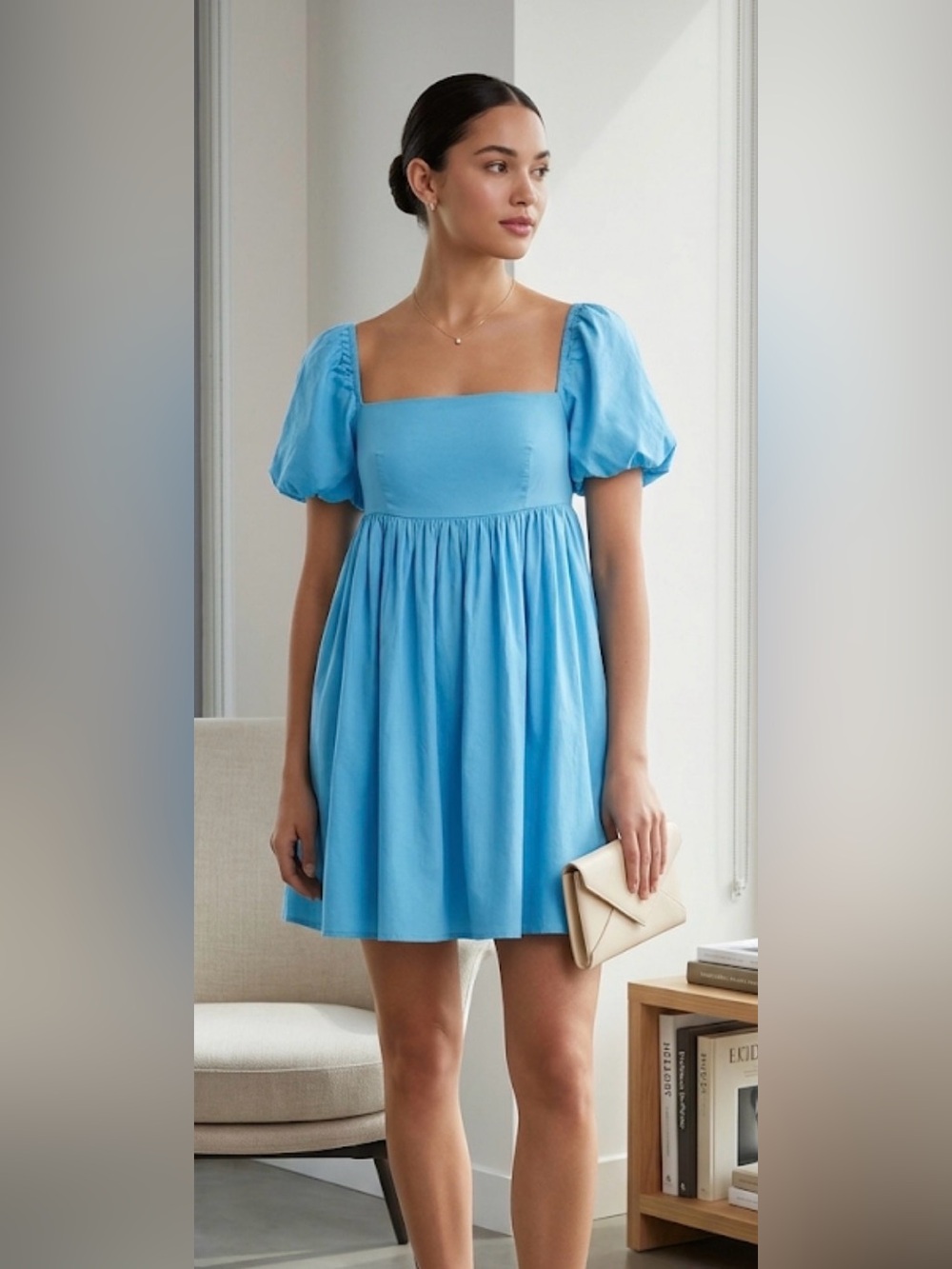 Mable Blue Puff-Sleeve Square-Neck Mini Dress M princes Victorian seacore party